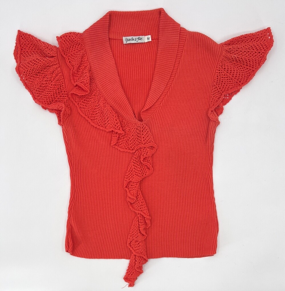 Quarter II Five Shirt Womens Medium Orange Blouse Sweater Ruffle Woven Ribbed *